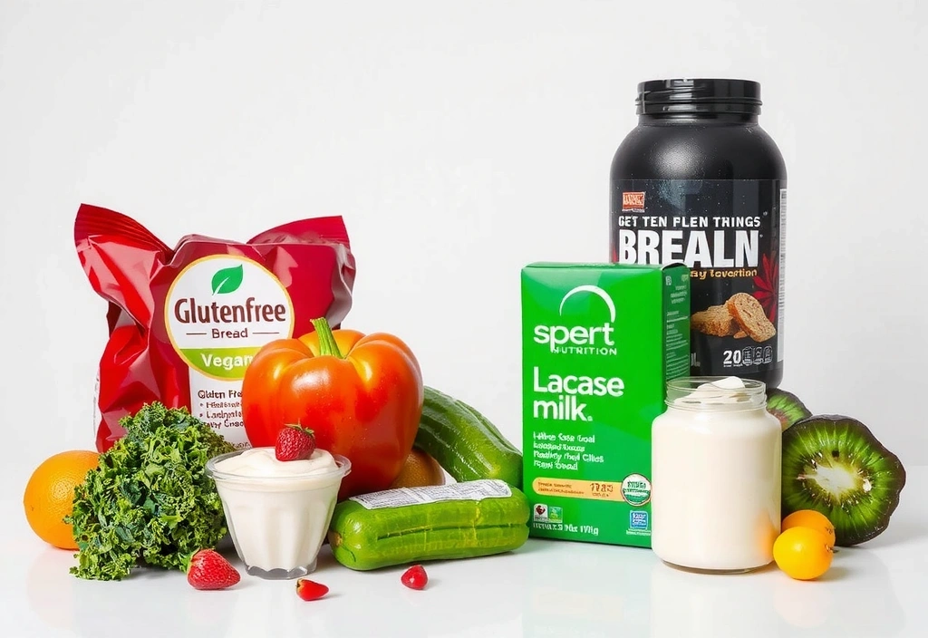 Verschiedene Lebensmittel, die spezielle Ernährungsbedürfnisse repräsentieren, wie glutenfrei, laktosefrei, vegan